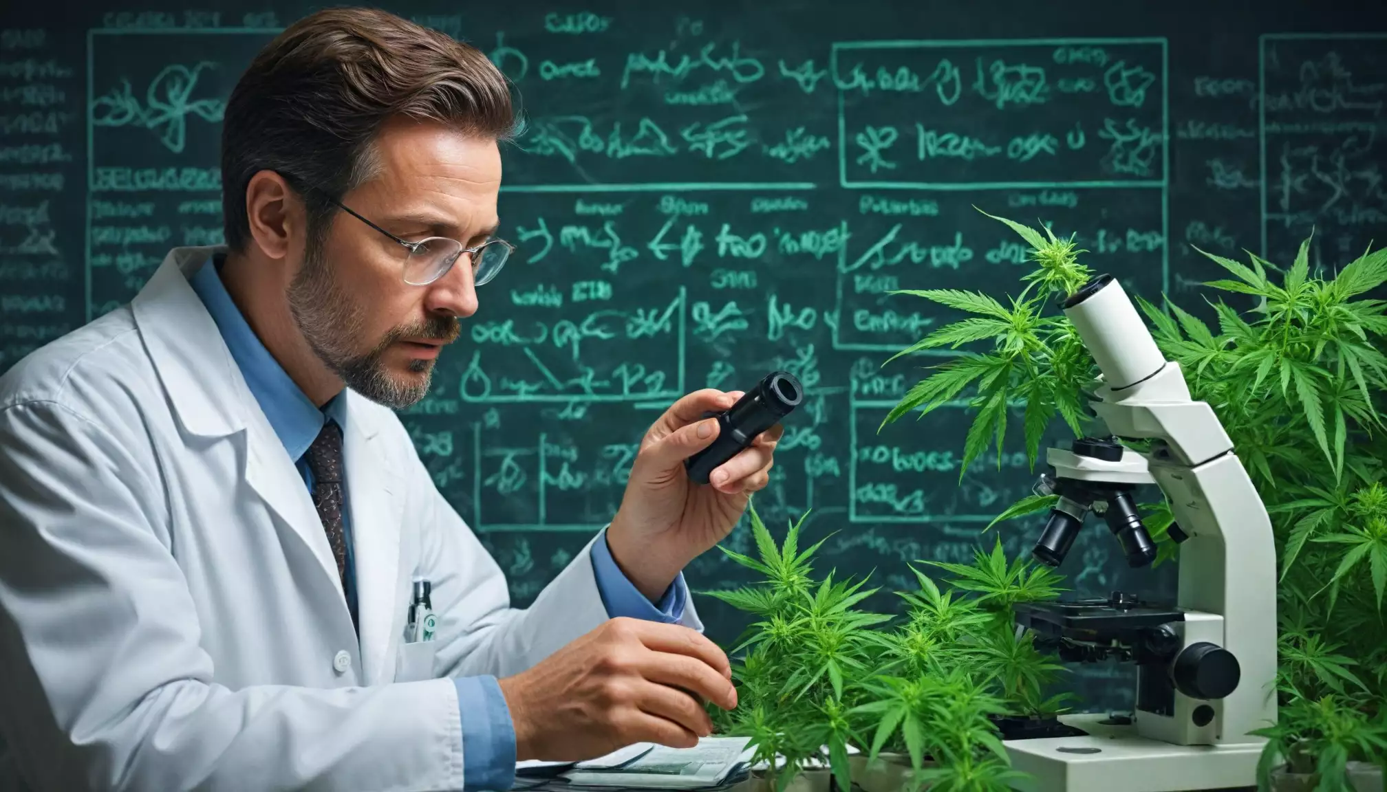 Naukowiec bada konopie za pomocą mikroskopu