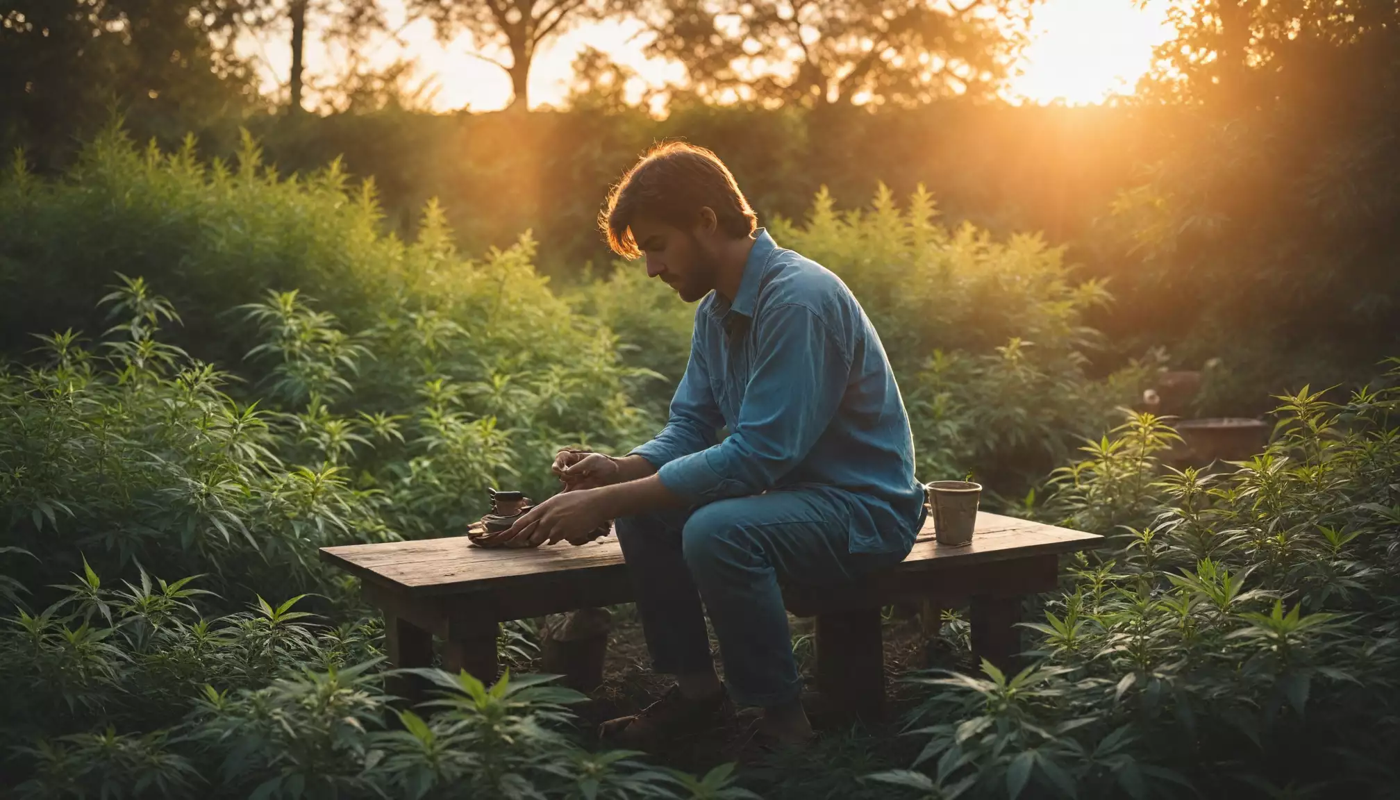 Mężczyzna w ogrodzie podczas zachodu słońca