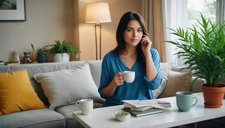 Kobieta z filiżanką kawy przy stole w salonie.