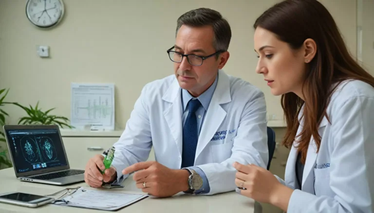 Lekarze analizują wyniki badań na laptopie.