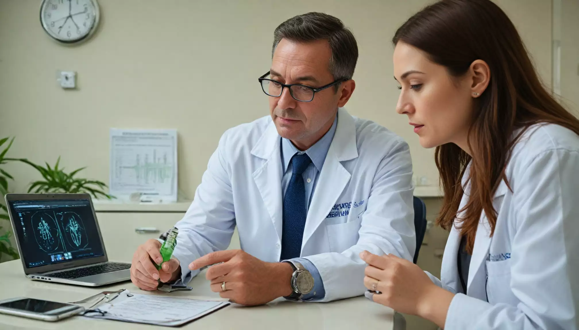 Lekarze analizują wyniki badań na laptopie.
