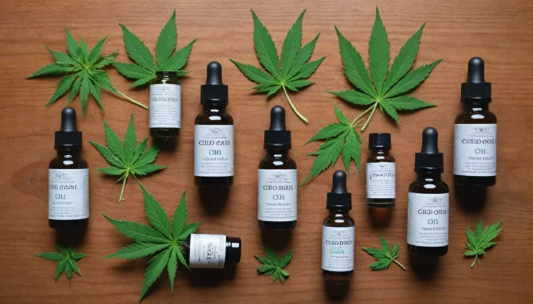 Olejki CBD i liście marihuany na stole.