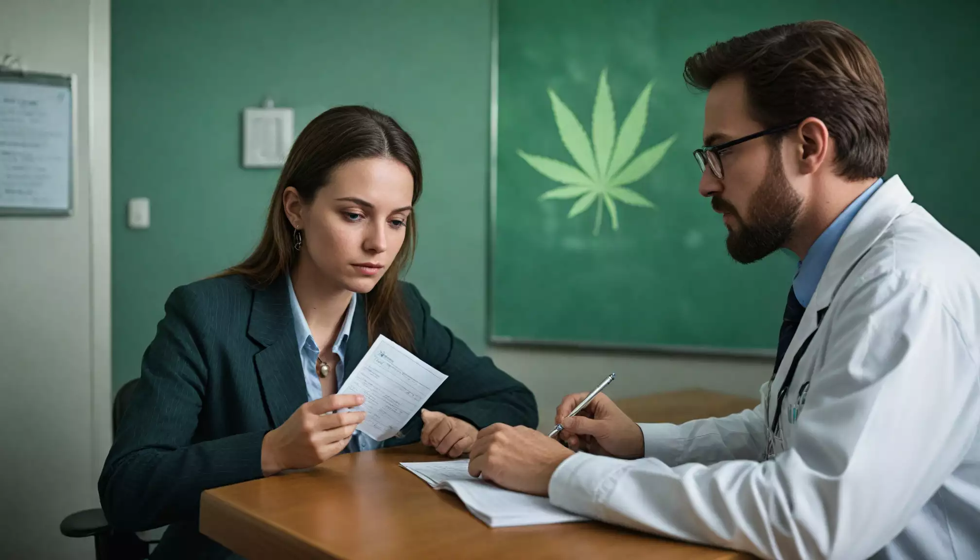Konsultacja lekarska na tle plakatu z konopiami.