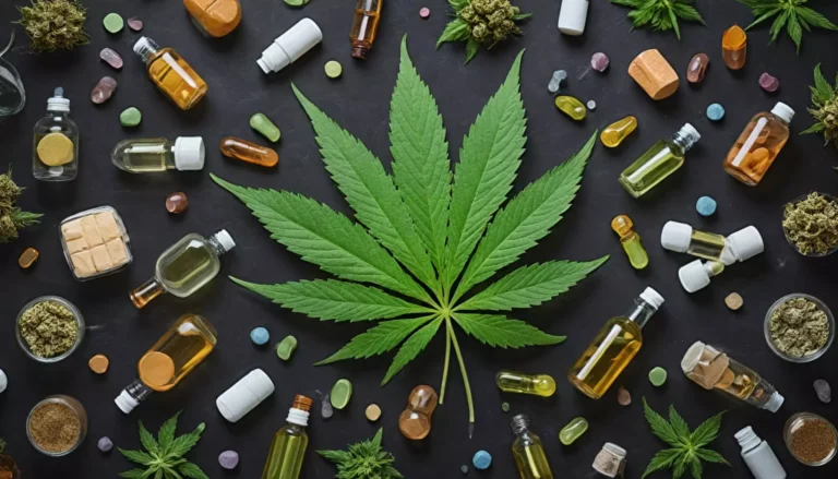 Produkty konopne na czarnym tle, liść marihuany