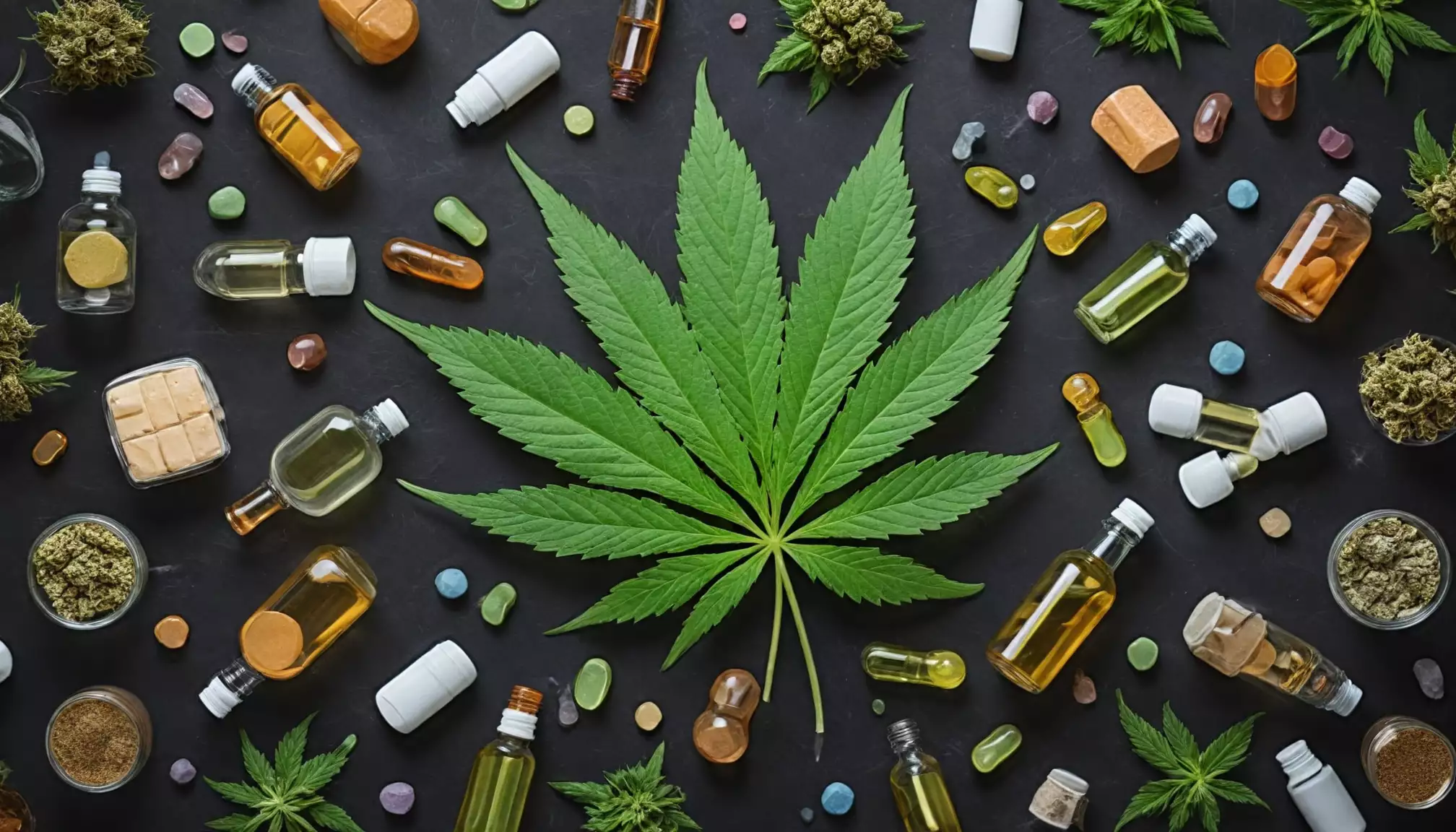 Produkty konopne na czarnym tle, liść marihuany