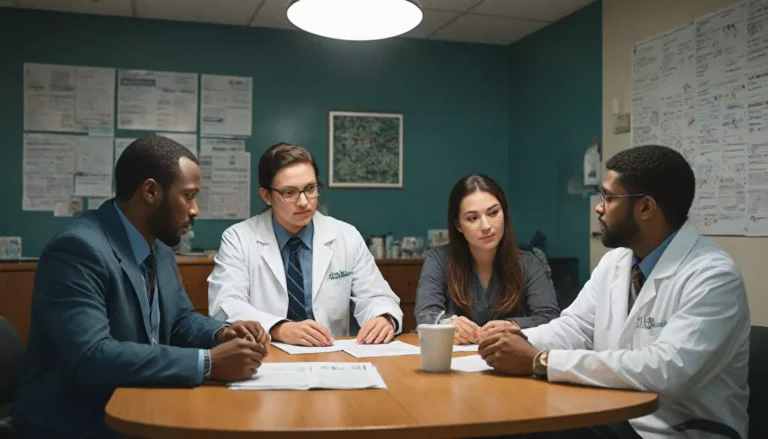 Lekarze na naradzie przy stole w gabinecie.