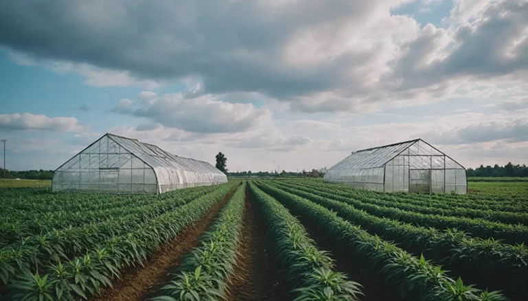 Szklarnie na plantacji roślin pod pochmurnym niebem