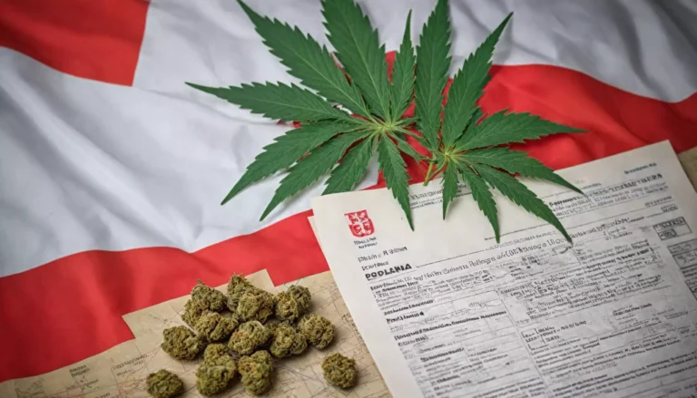 Liście konopi, dokumenty i susz na flagi Polski.