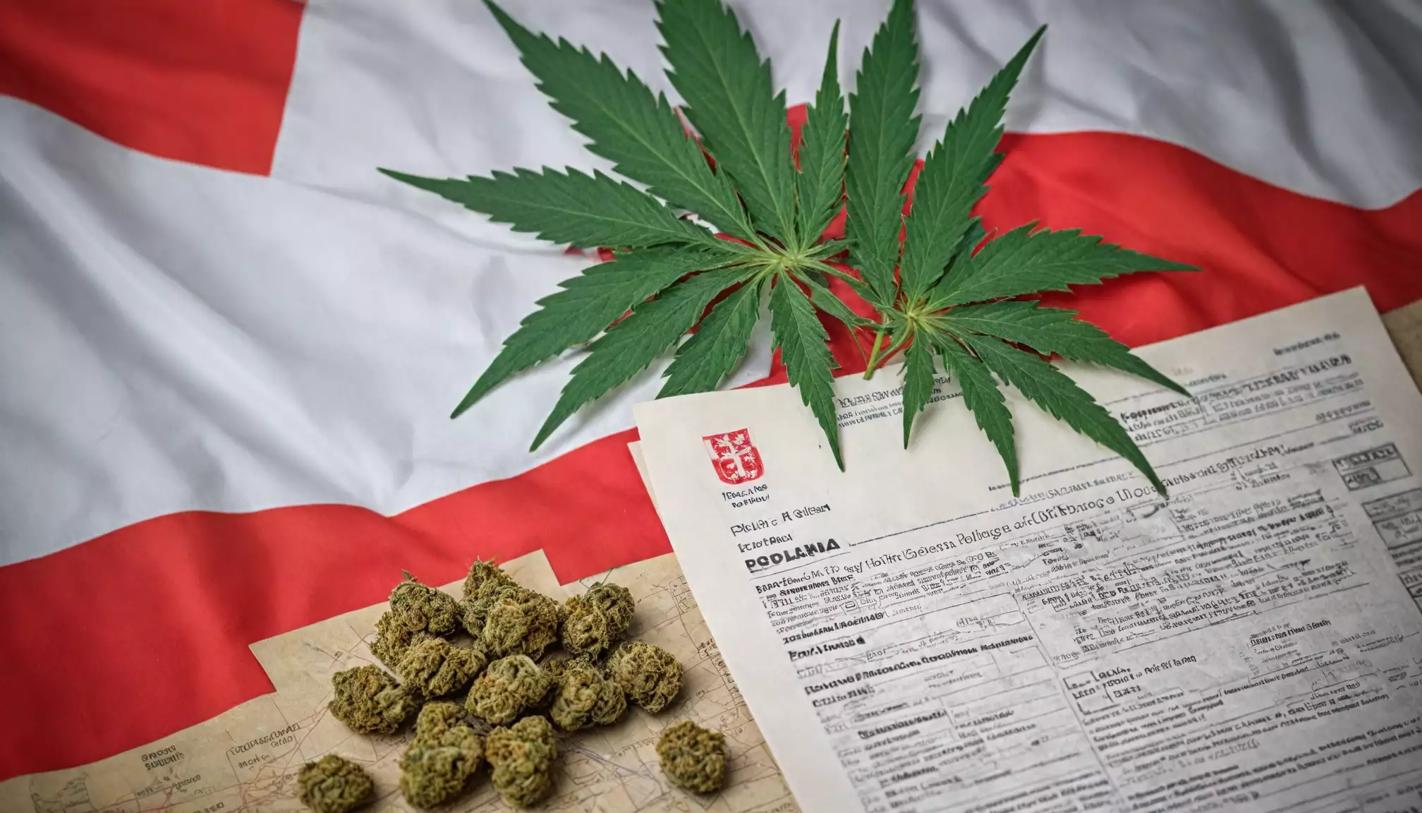 Liście konopi, dokumenty i susz na flagi Polski.