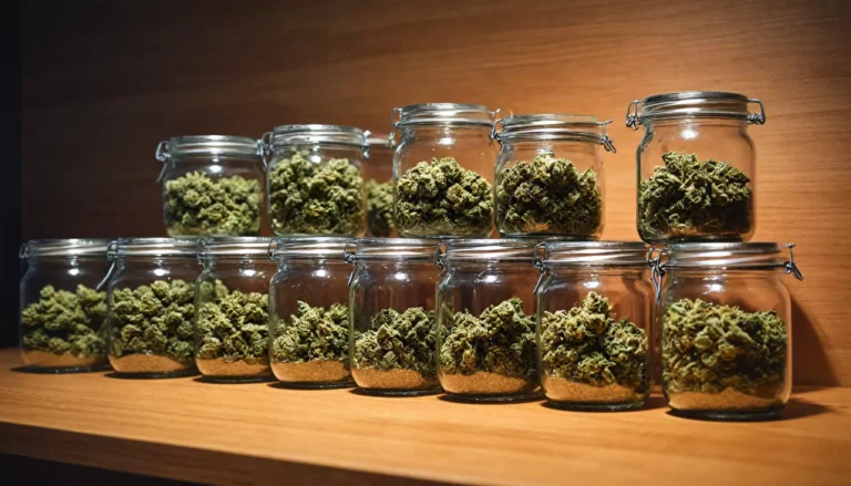 Słoiki z suszonymi kwiatami konopi na półce