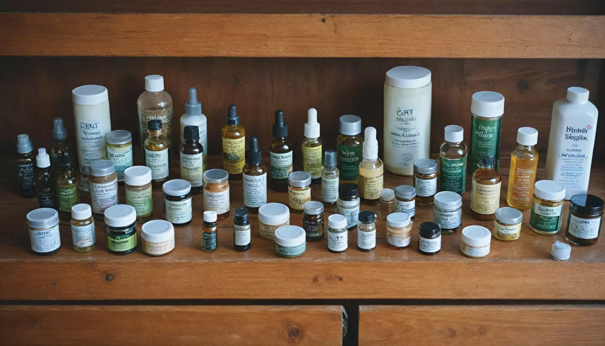 Różne kosmetyki na drewnianej półce.