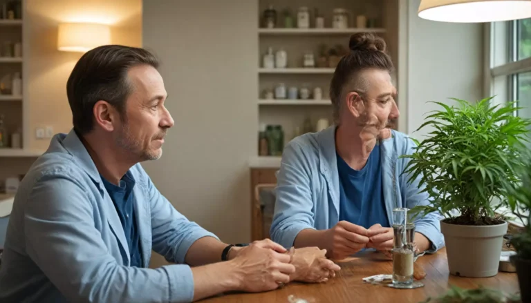 Dwóch mężczyzn przy stole z rośliną.