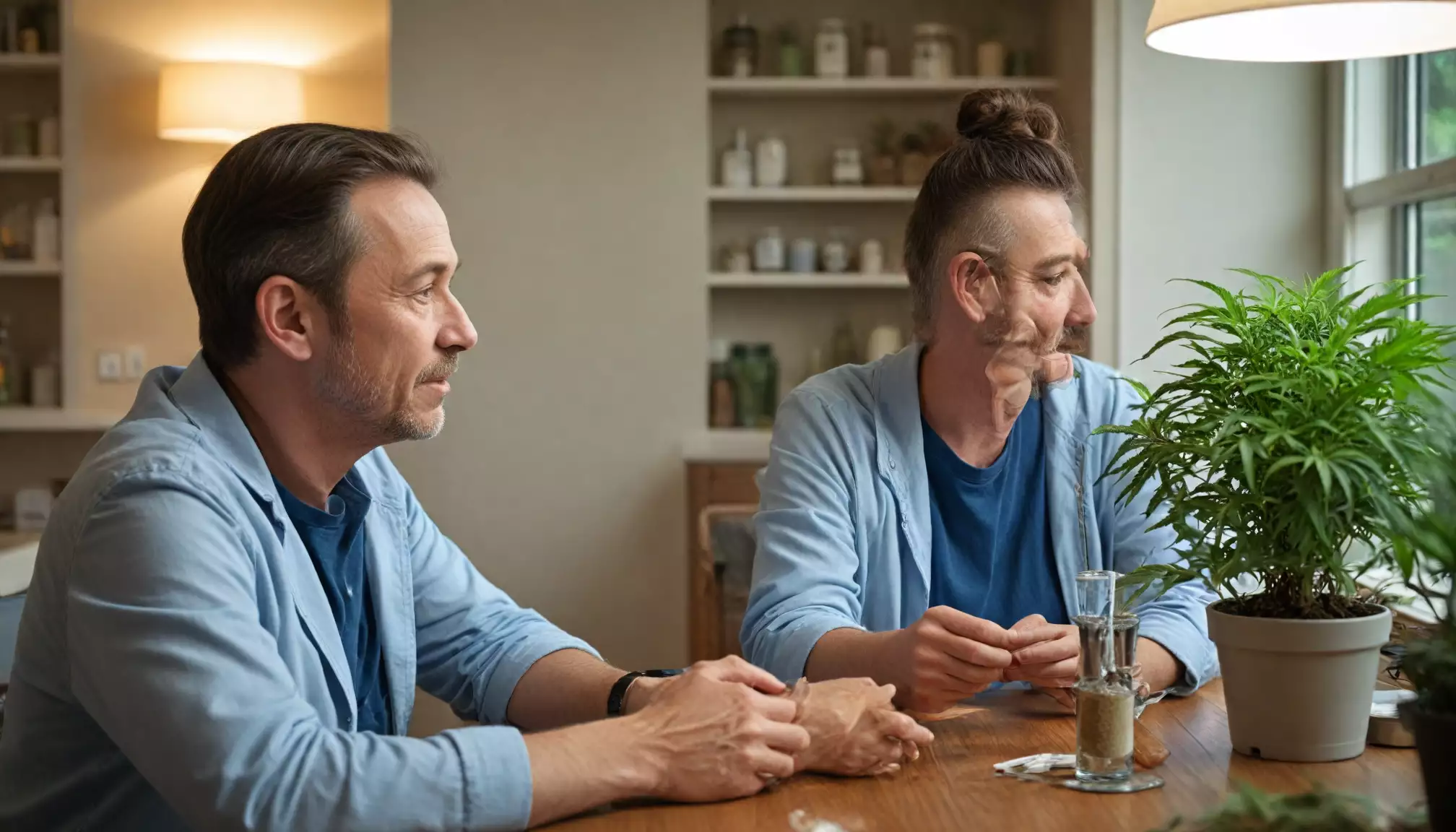 Dwóch mężczyzn przy stole z rośliną.