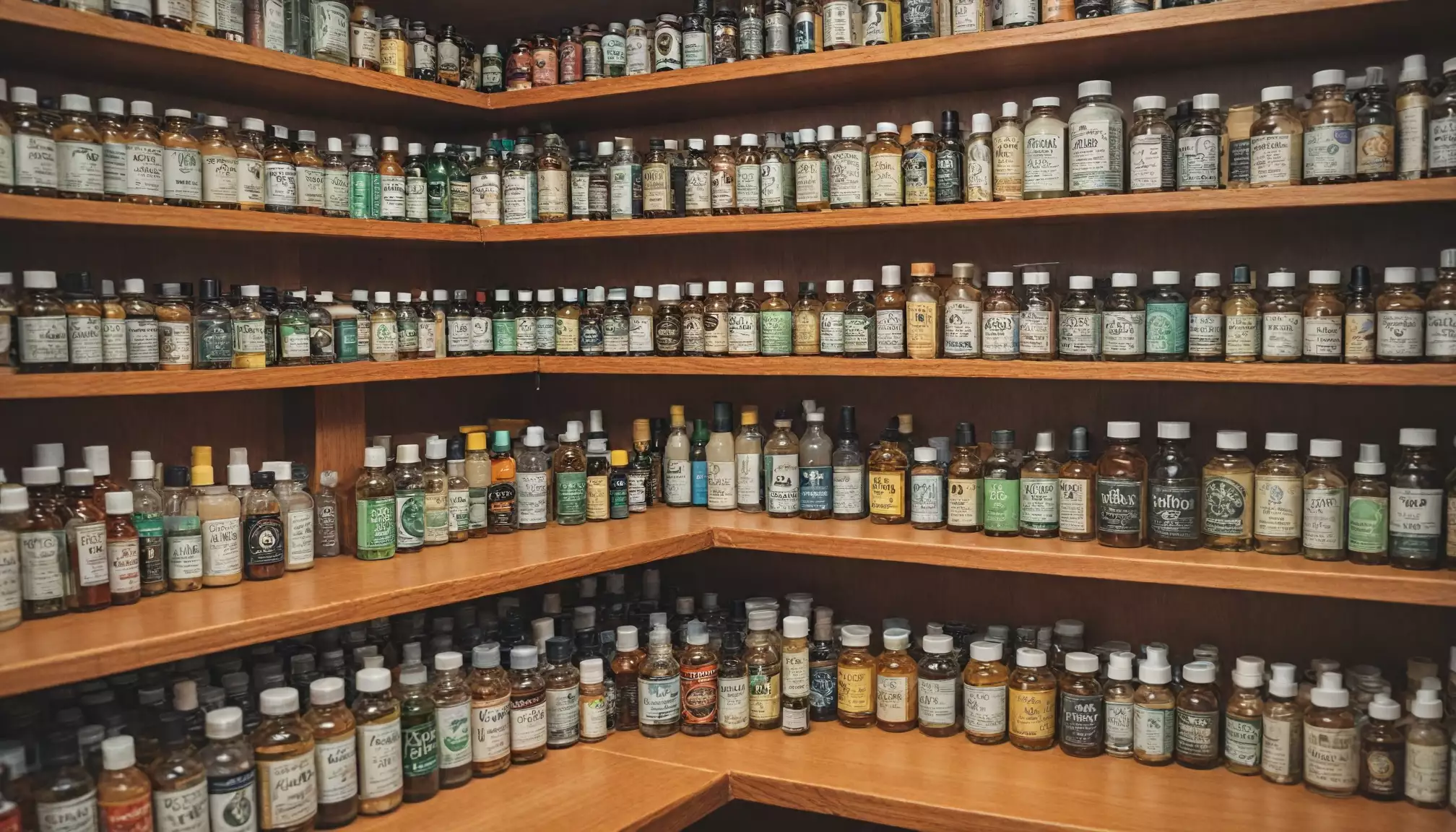 Półki z butelkami różnych przypraw i ekstraktów.