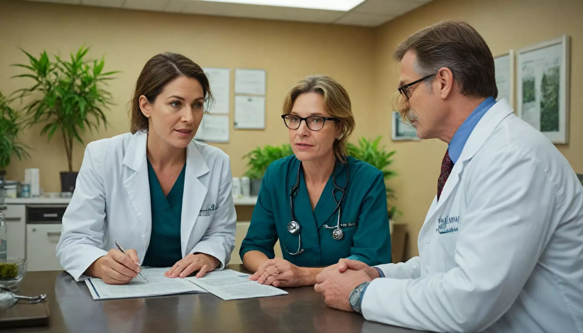 Lekarze omawiają dokumenty medyczne w gabinecie.