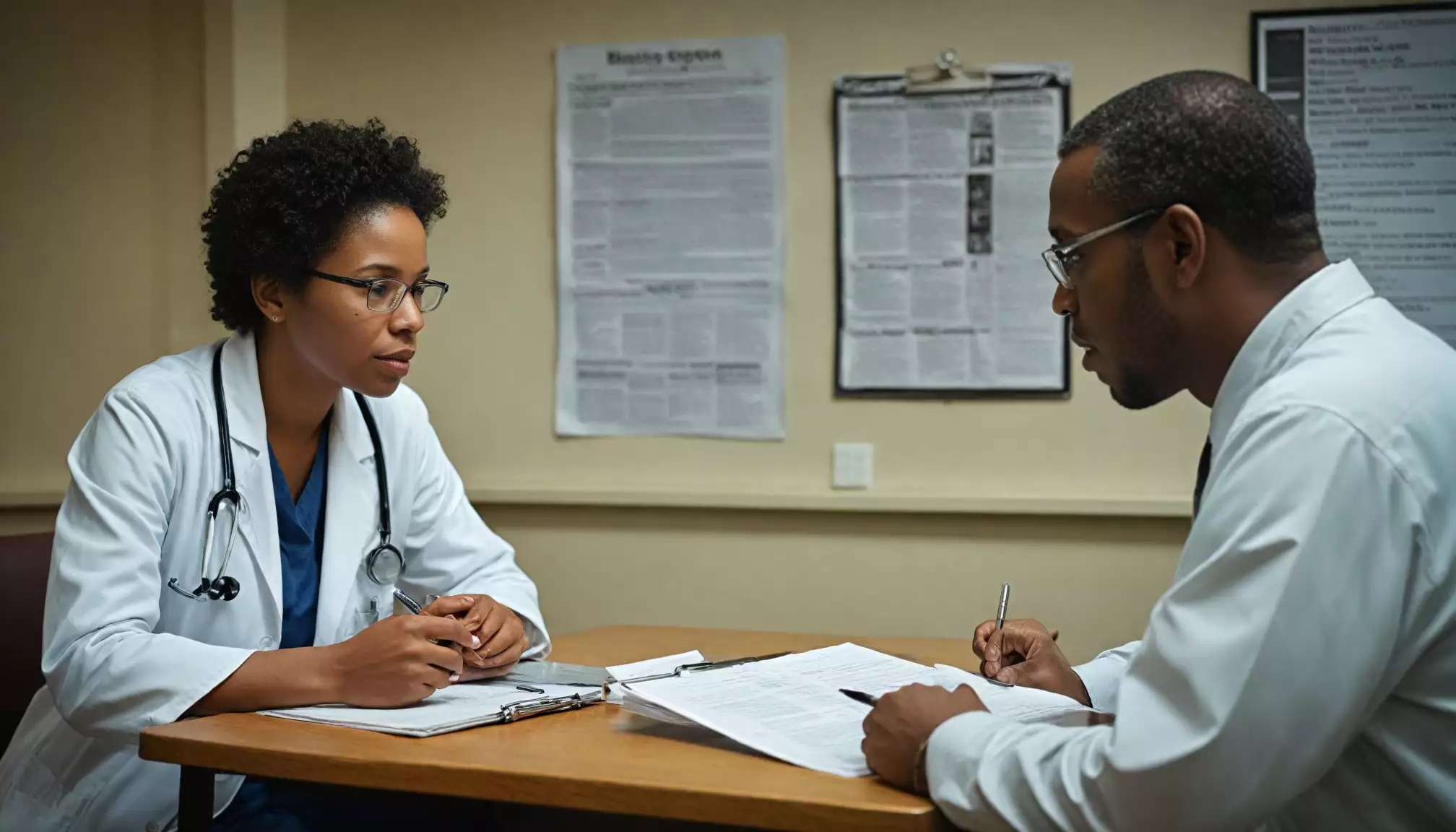 Dwoje lekarzy dyskutuje przy biurku.