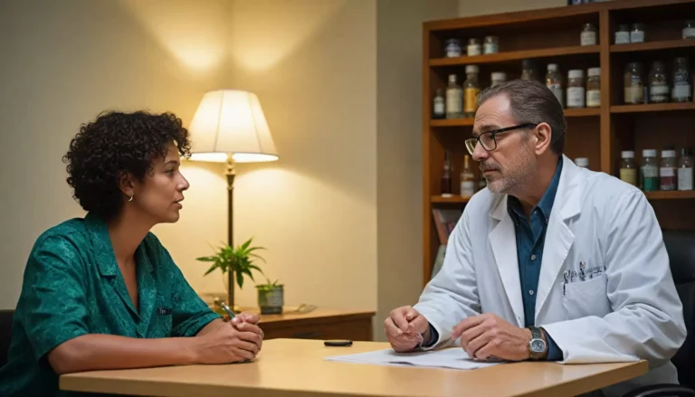 Pacjentka rozmawia z lekarzem w gabinecie.