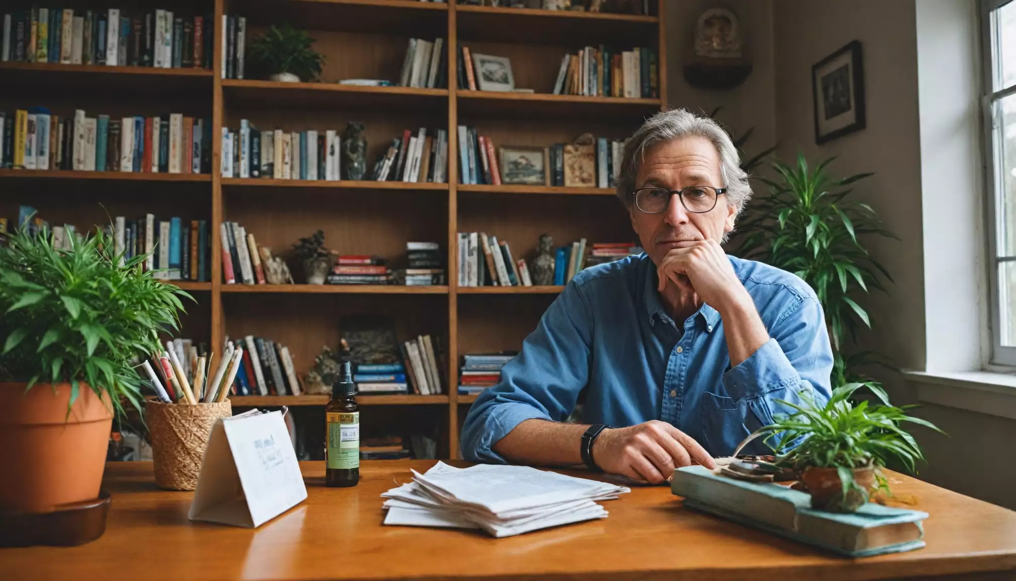 Mężczyzna siedzi przy biurku w bibliotece