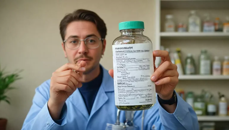 Farmaceuta trzyma butelkę medyczną w laboratorium.