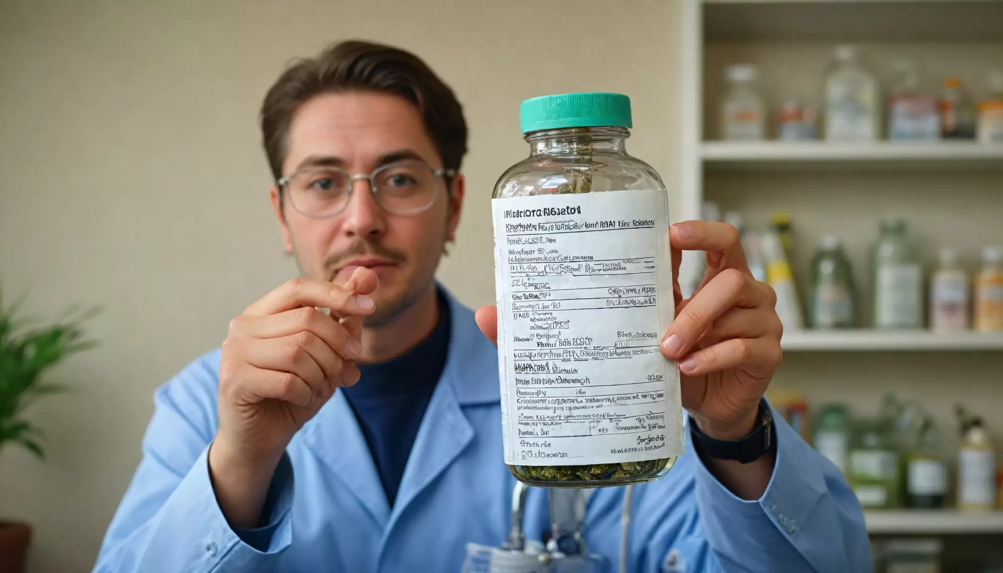 Farmaceuta trzyma butelkę medyczną w laboratorium.