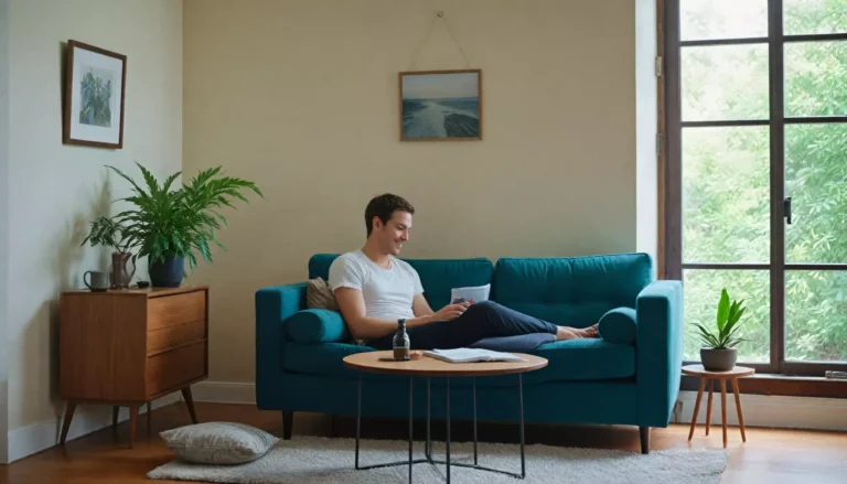 Mężczyzna relaksuje się na kanapie w salonie.