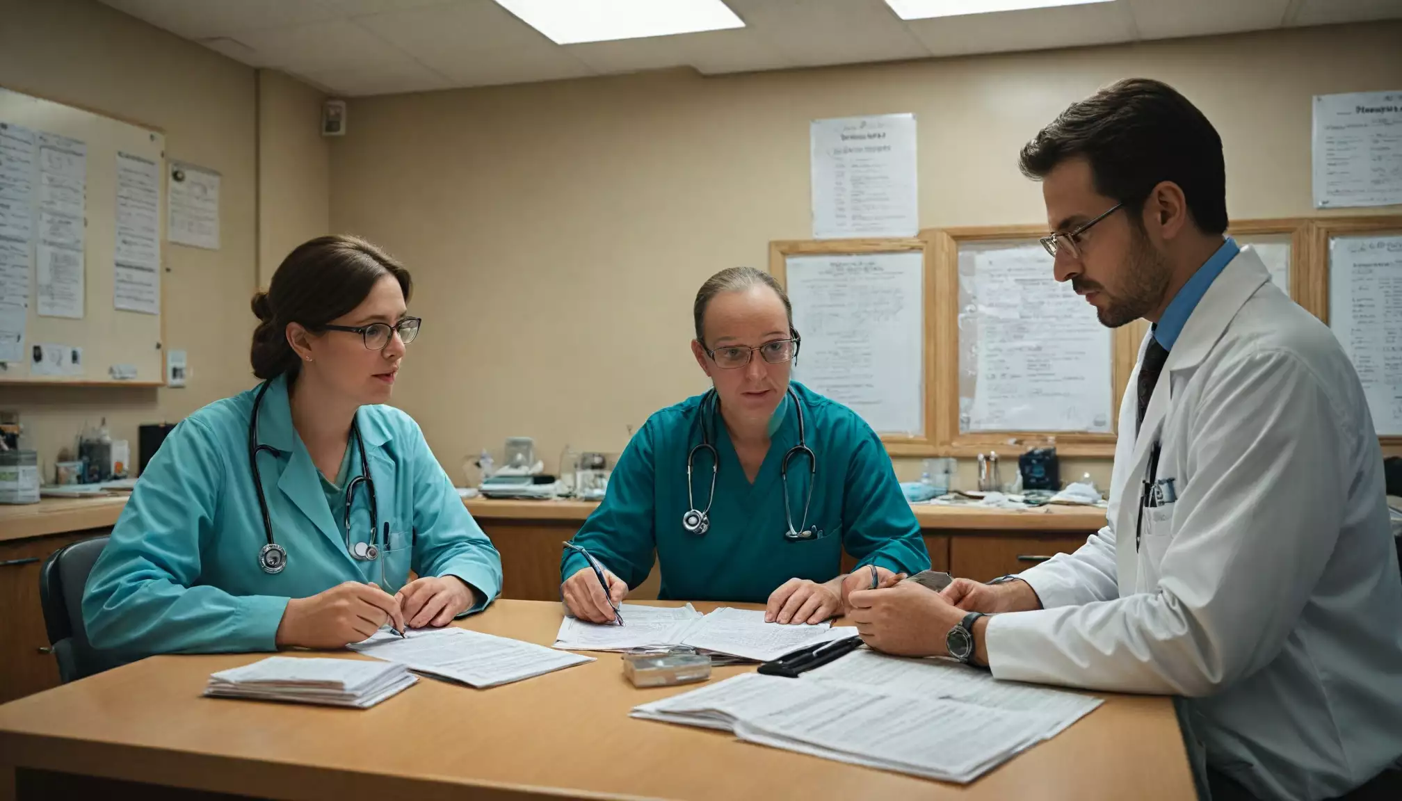Lekarze omawiają dokumenty medyczne przy stole