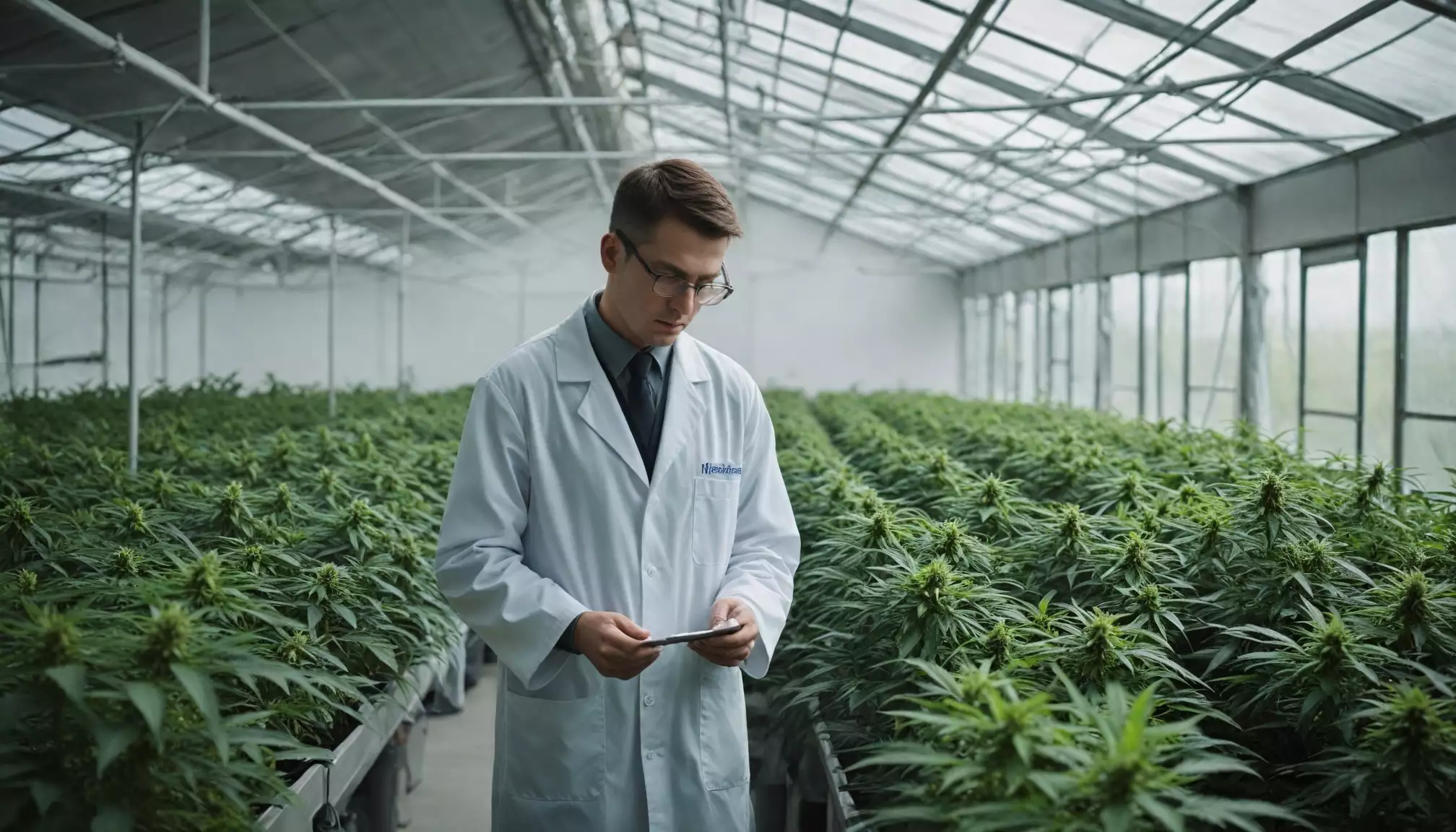 Naukowiec bada rośliny w szklarni