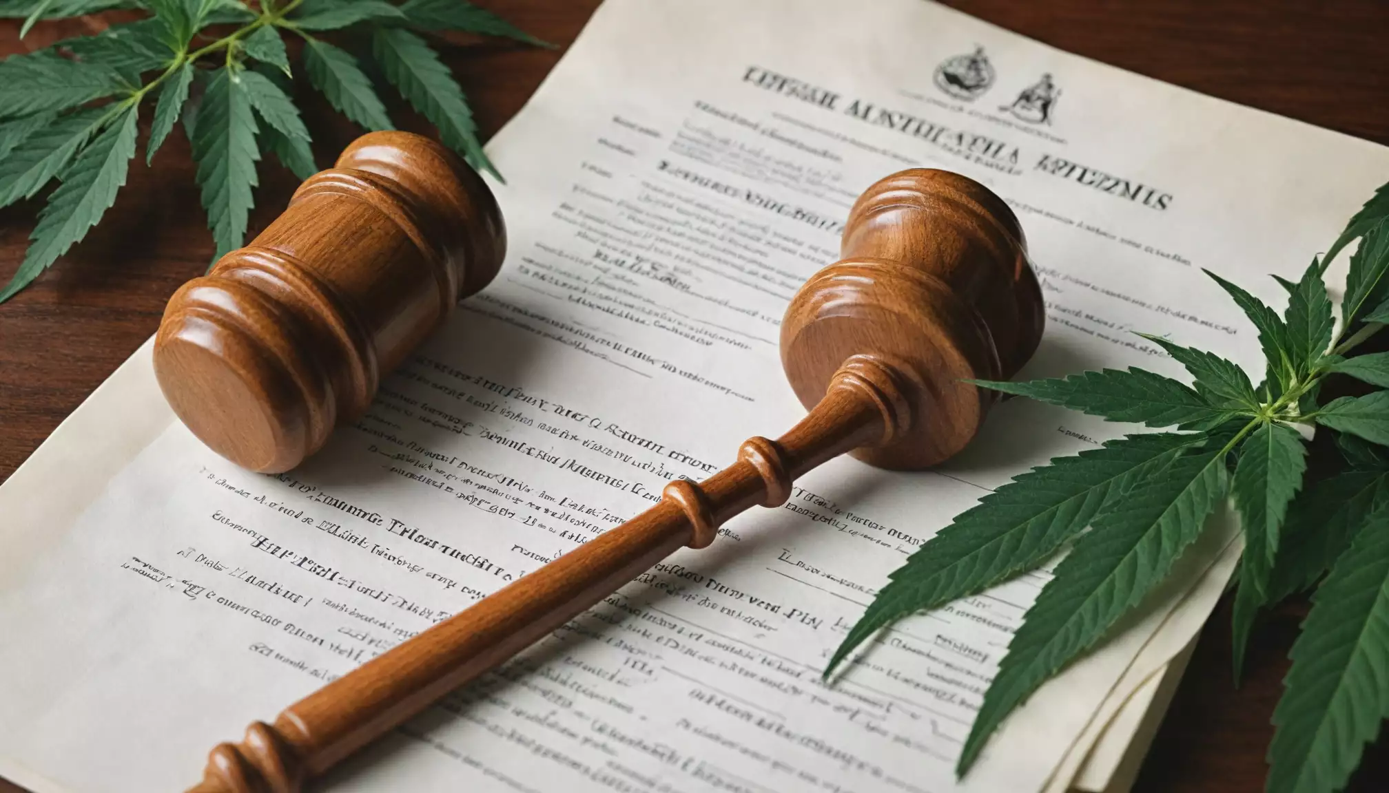 Młotek sędziowski na dokumentach z liśćmi konopi