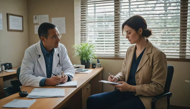 Lekarz i pacjentka omawiają wyniki w gabinecie.