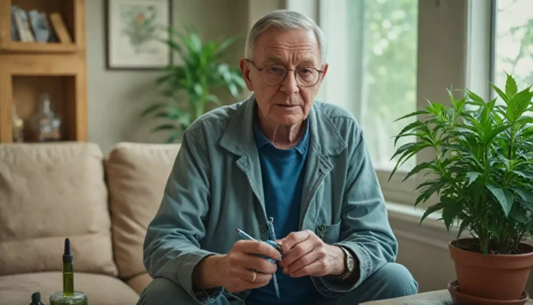 Starszy mężczyzna siedzi obok rośliny doniczkowej.