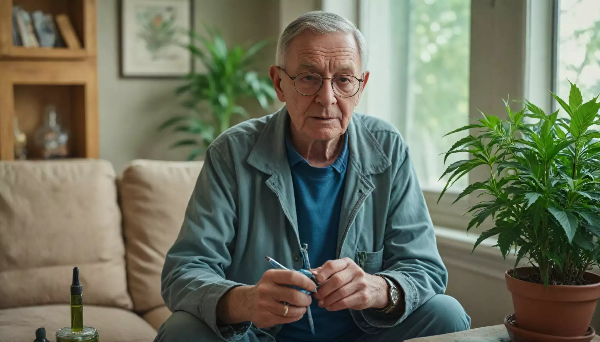 Starszy mężczyzna siedzi obok rośliny doniczkowej.