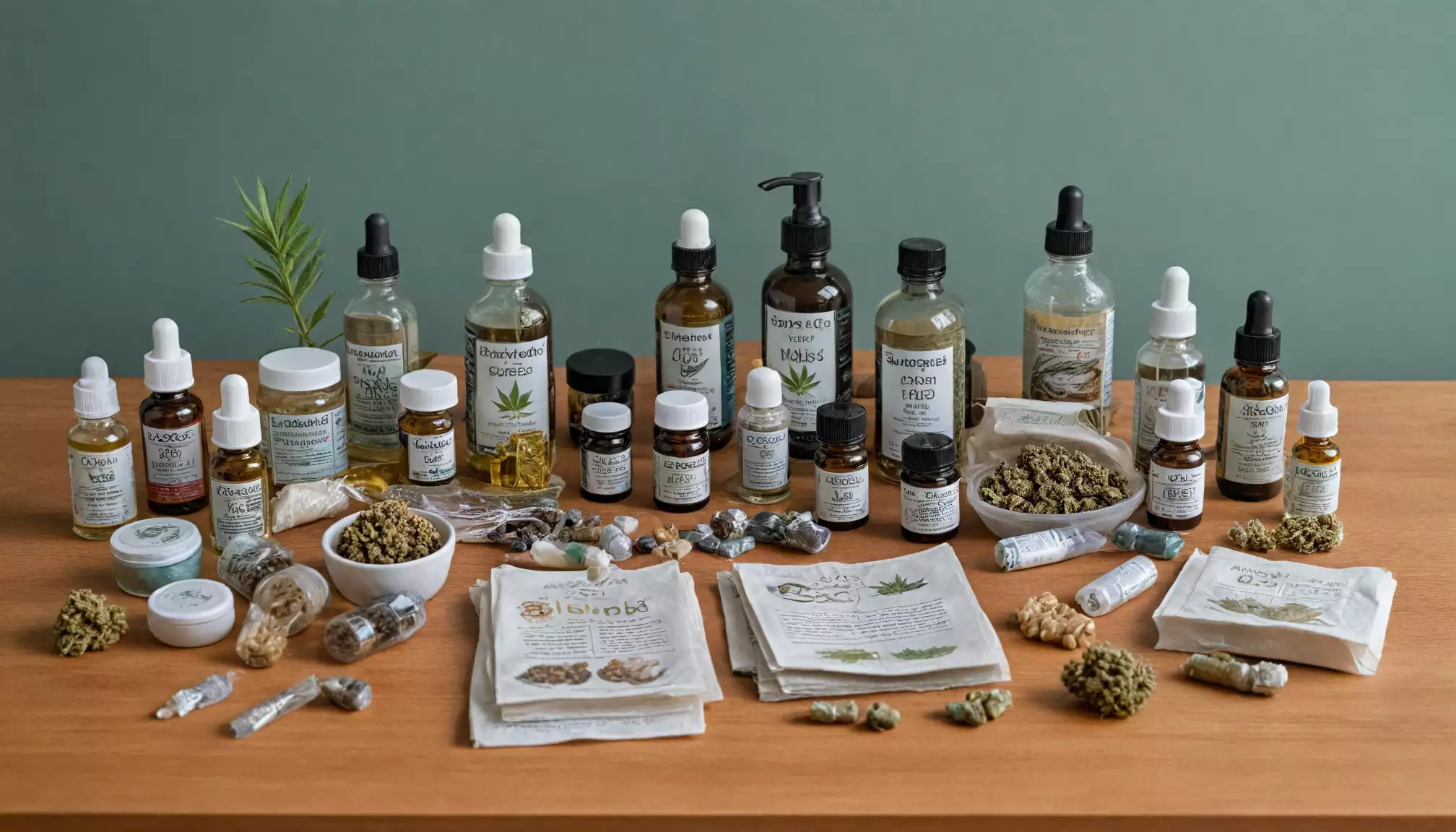 Produkty konopne na drewnianym stole