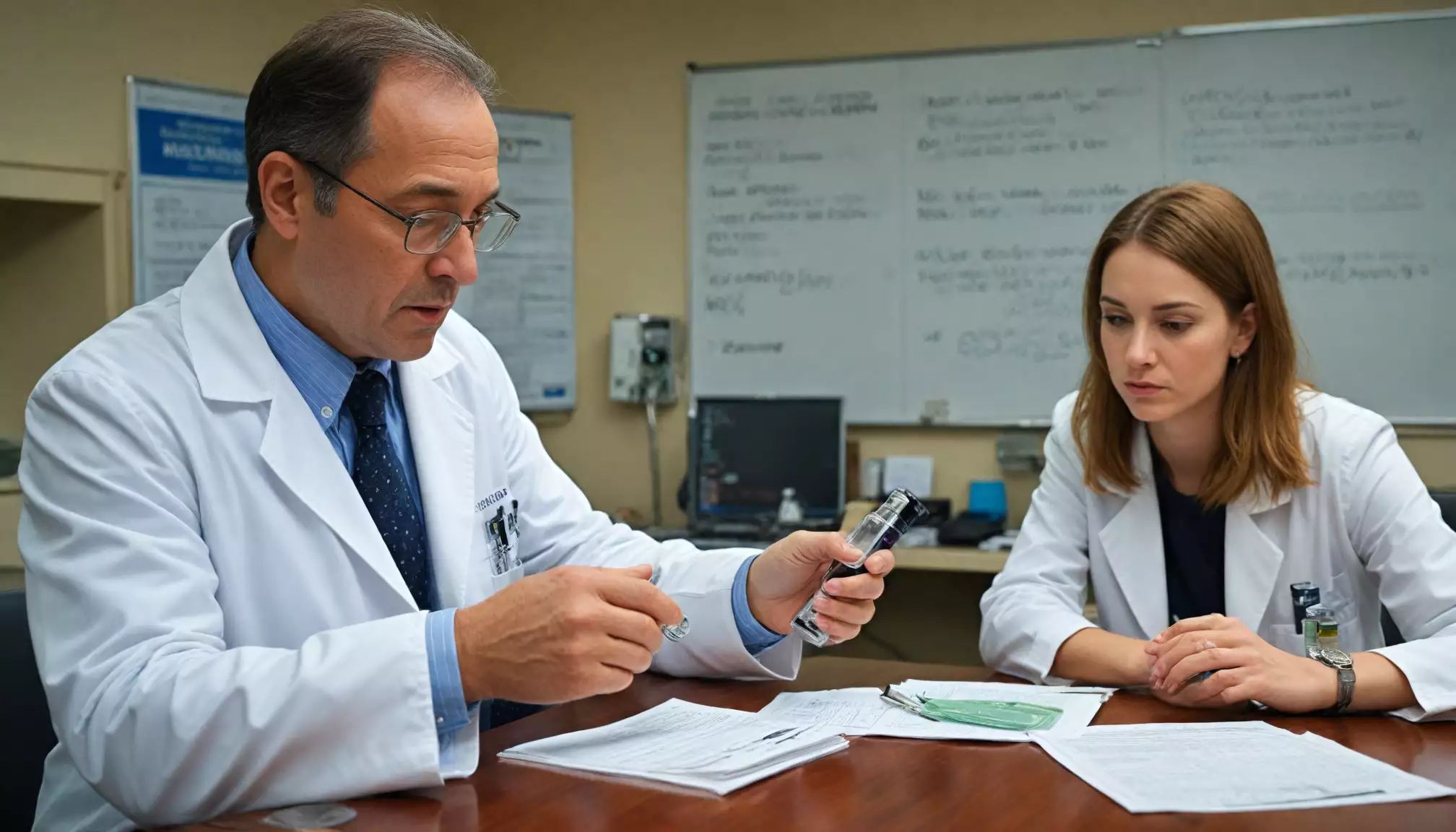 Dwóch lekarzy omawiających wyniki badań.