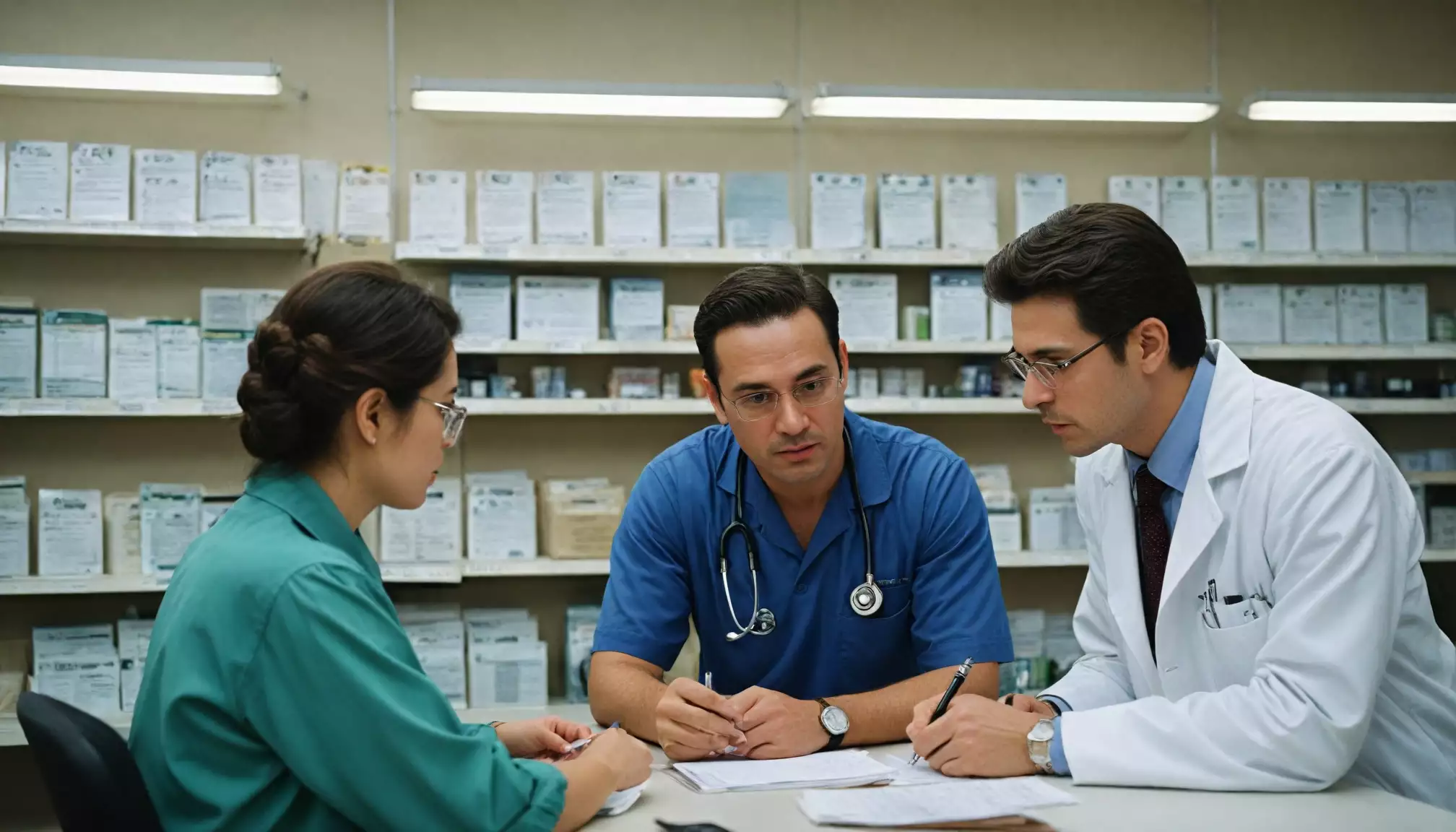 Lekarze omawiają dokumentację medyczną w biurze.