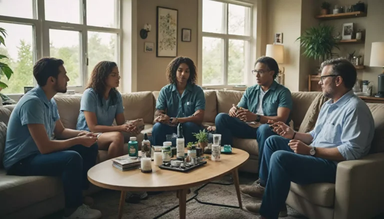 Grupa ludzi dyskutująca przy stoliku kawowym.