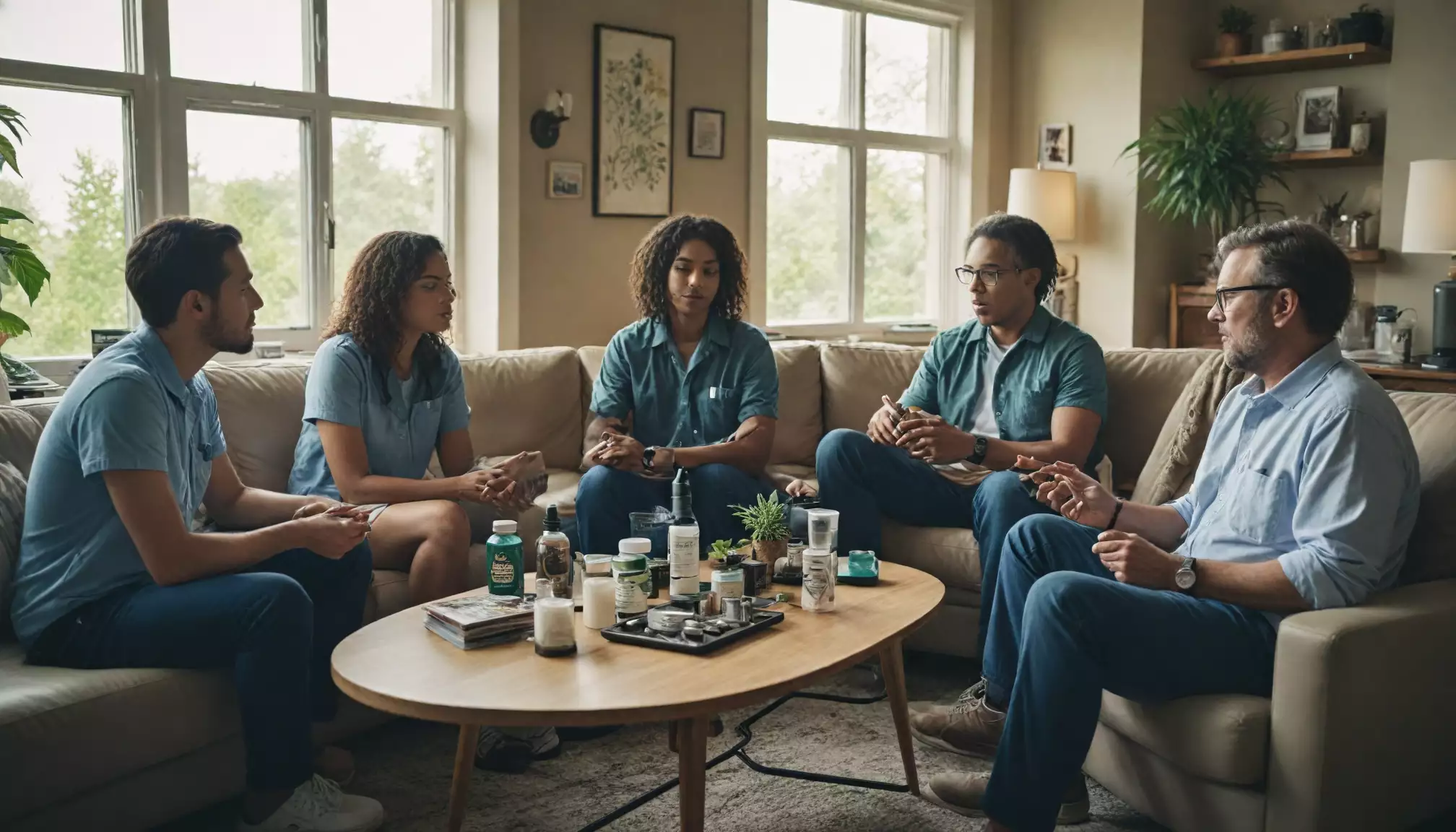 Grupa ludzi dyskutująca przy stoliku kawowym.