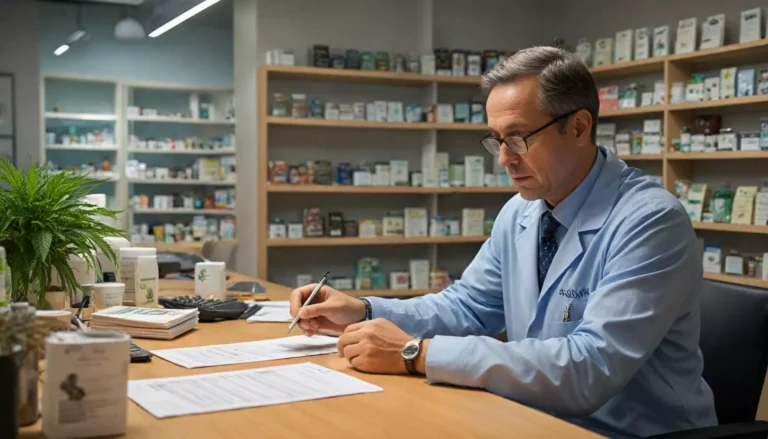 Farmaceuta pisze recepty w aptece z ziołami.