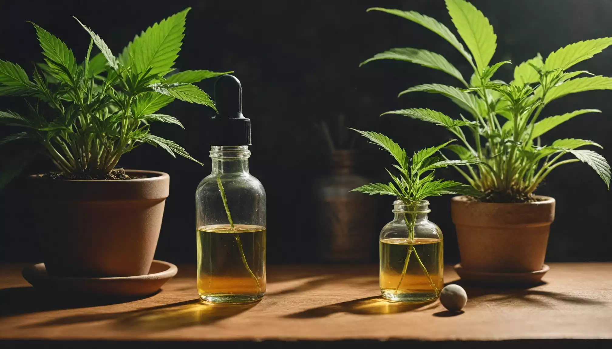 Rośliny konopi w doniczkach i olejek konopny