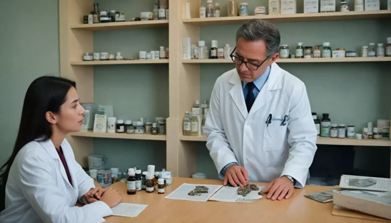 Dwaj lekarze omawiają leki w gabinecie.