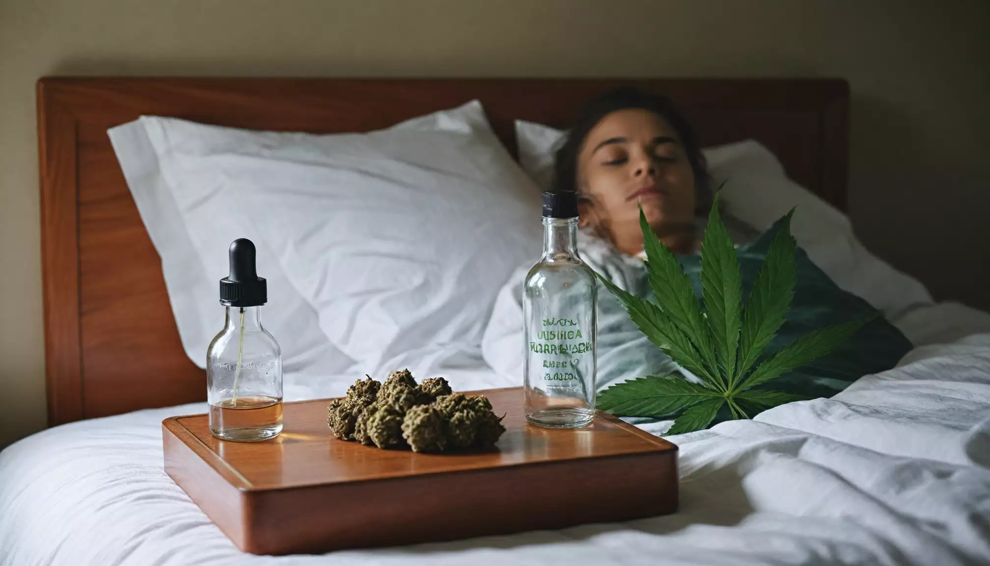 Kobieta w łóżku z produktami konopi.