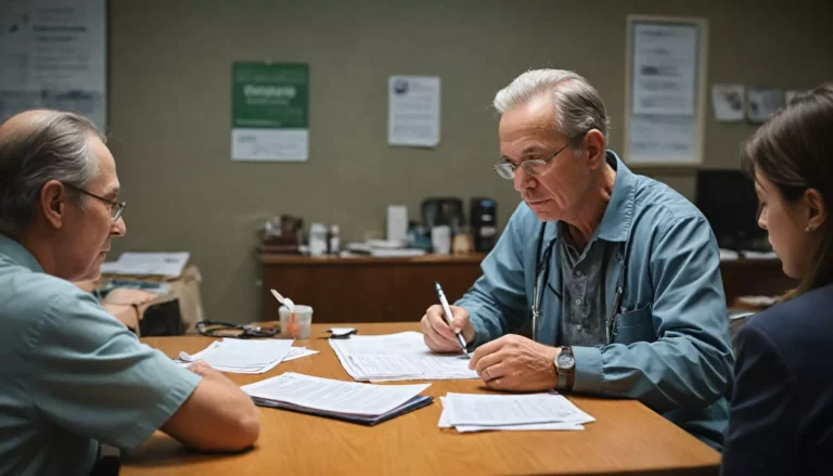 Rozmowa trzech osób przy biurku