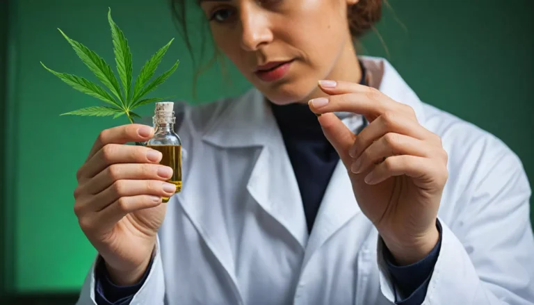 Naukowiec bada olej konopny i liść konopi.