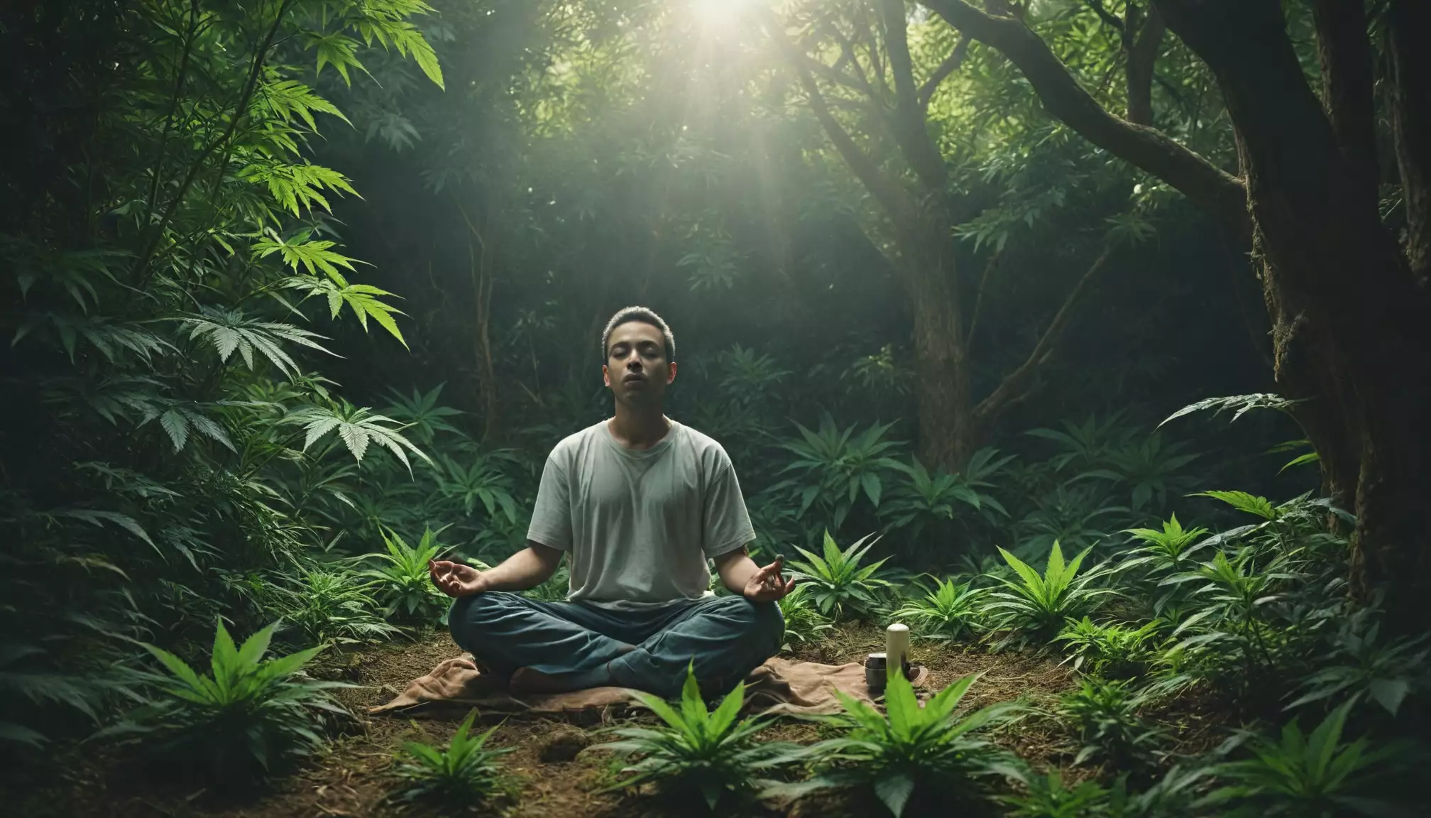 Medytacja w lesie, spokojna przyroda wokół.