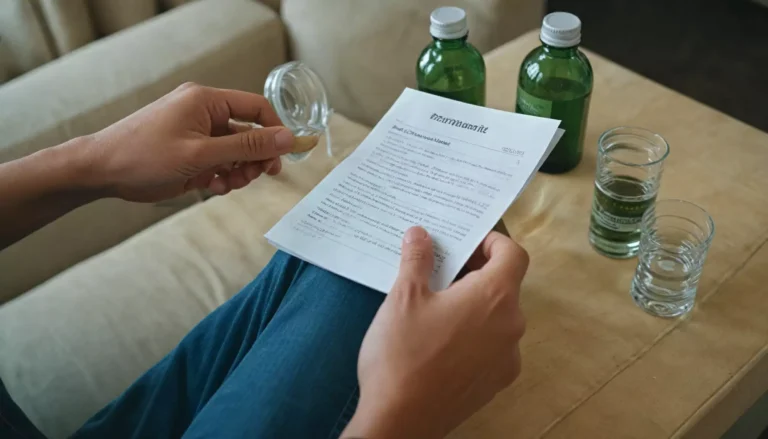 Osoba trzymająca ulotkę i szklankę, na stole butelki.