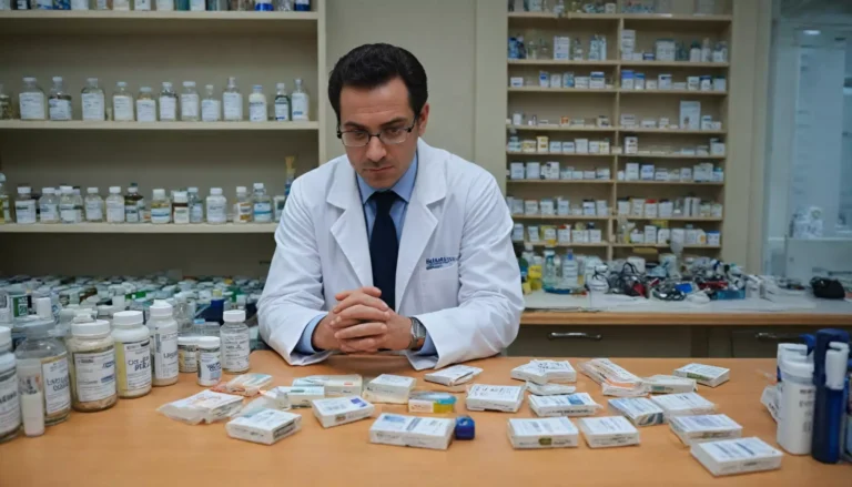 Farmaceuta w laboratorium z lekami na stole