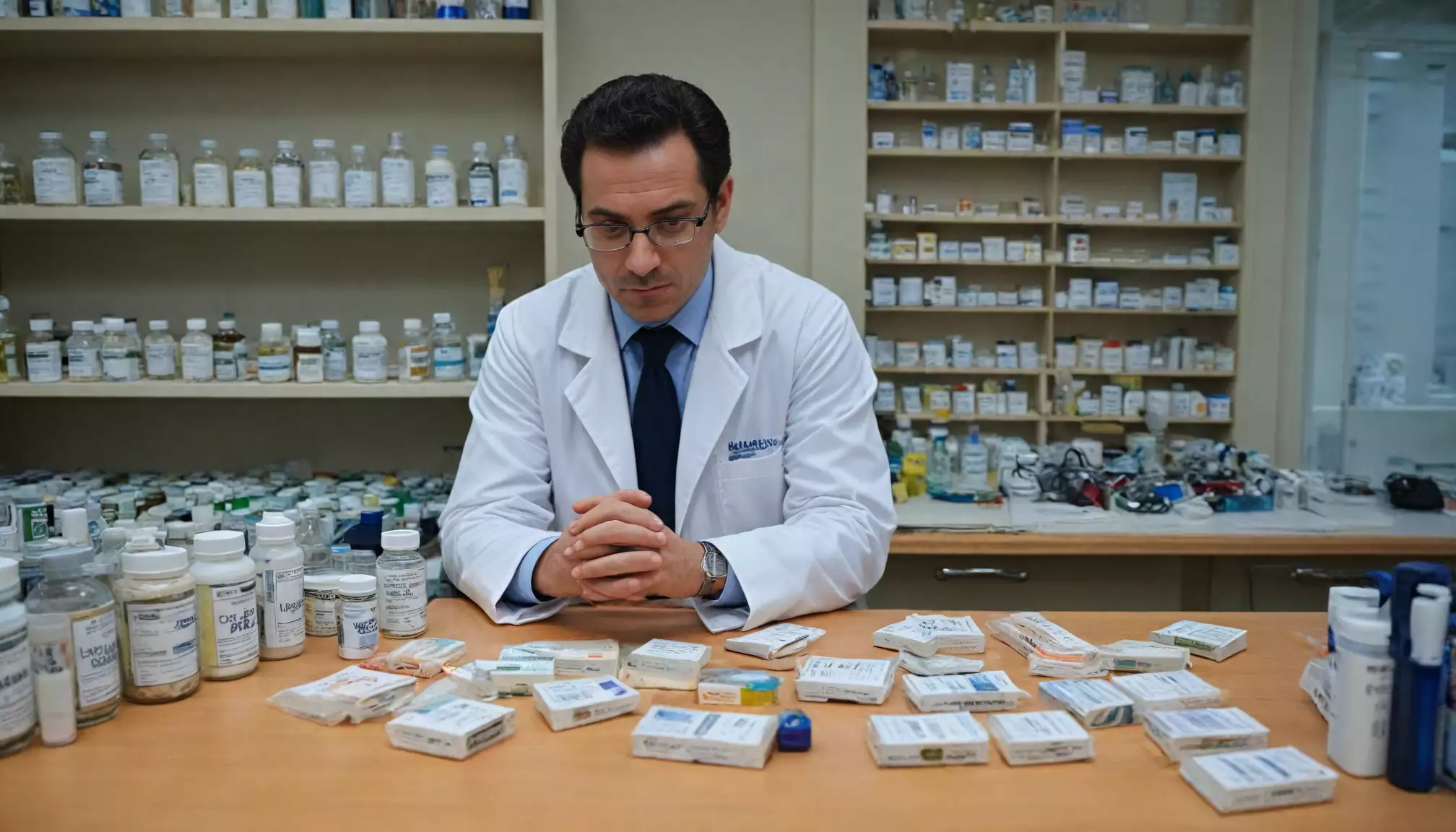 Farmaceuta w laboratorium z lekami na stole