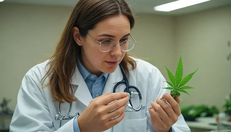 Lekarz trzyma liść konopi w laboratorium