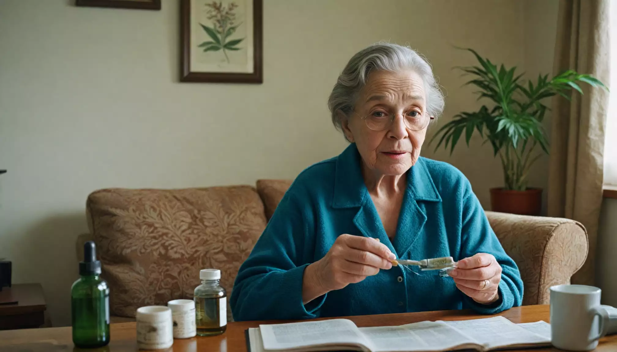 Starsza kobieta przygotowuje lek z książką.