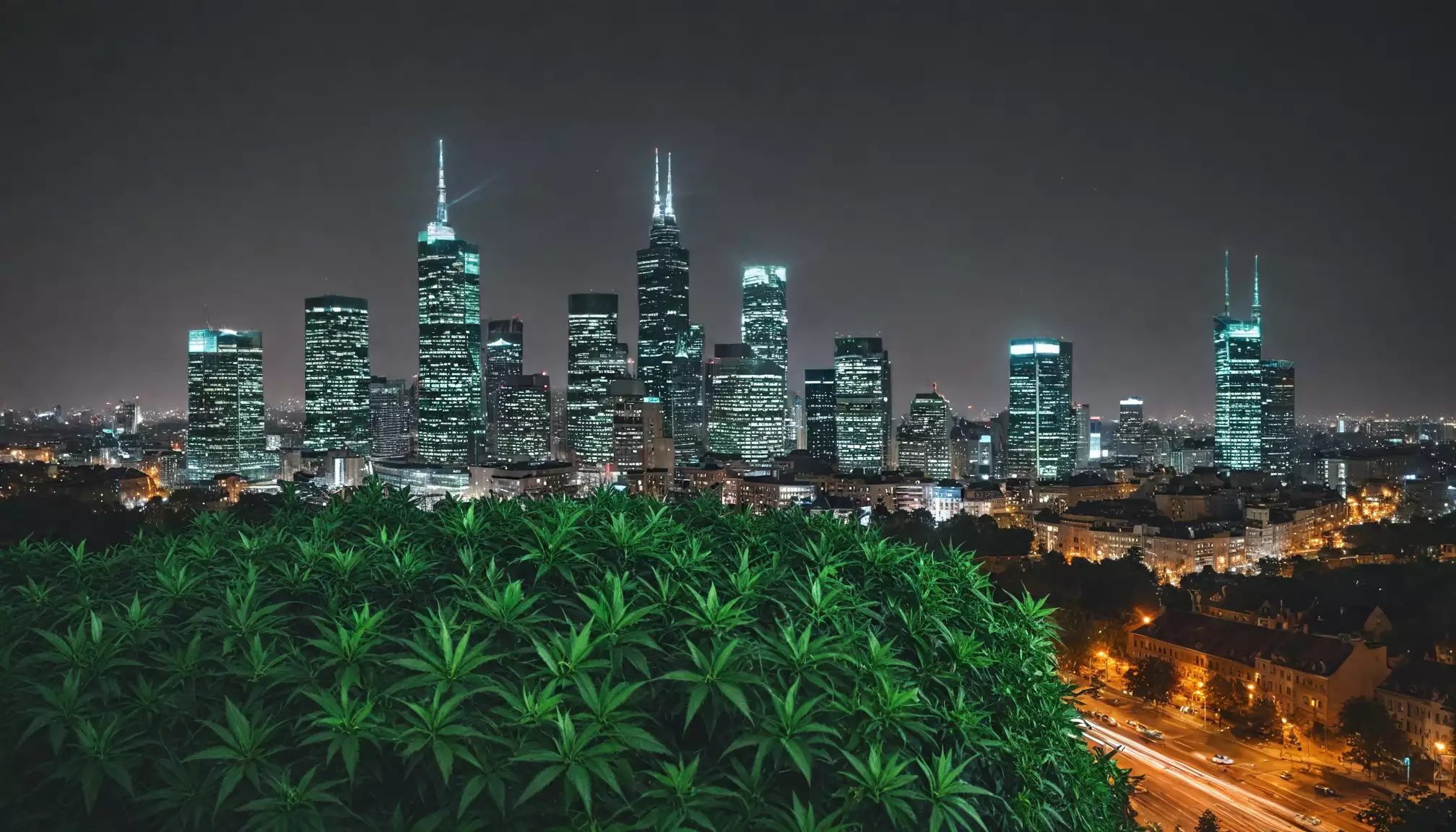 Wieżowce nocą i rośliny konopi w przodzie