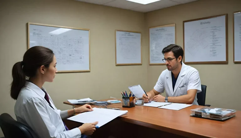 Lekarze omawiają przypadki medyczne w biurze.